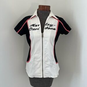 ✨ Harley-Davidson Zip-Up Top White Black Moto Y2K Edgy Fitted Shirt -XS